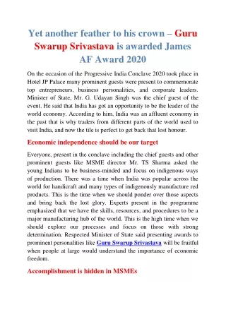 Yet another feather to his crown – Guru Swarup Srivastava is awarded James AF Award 2020