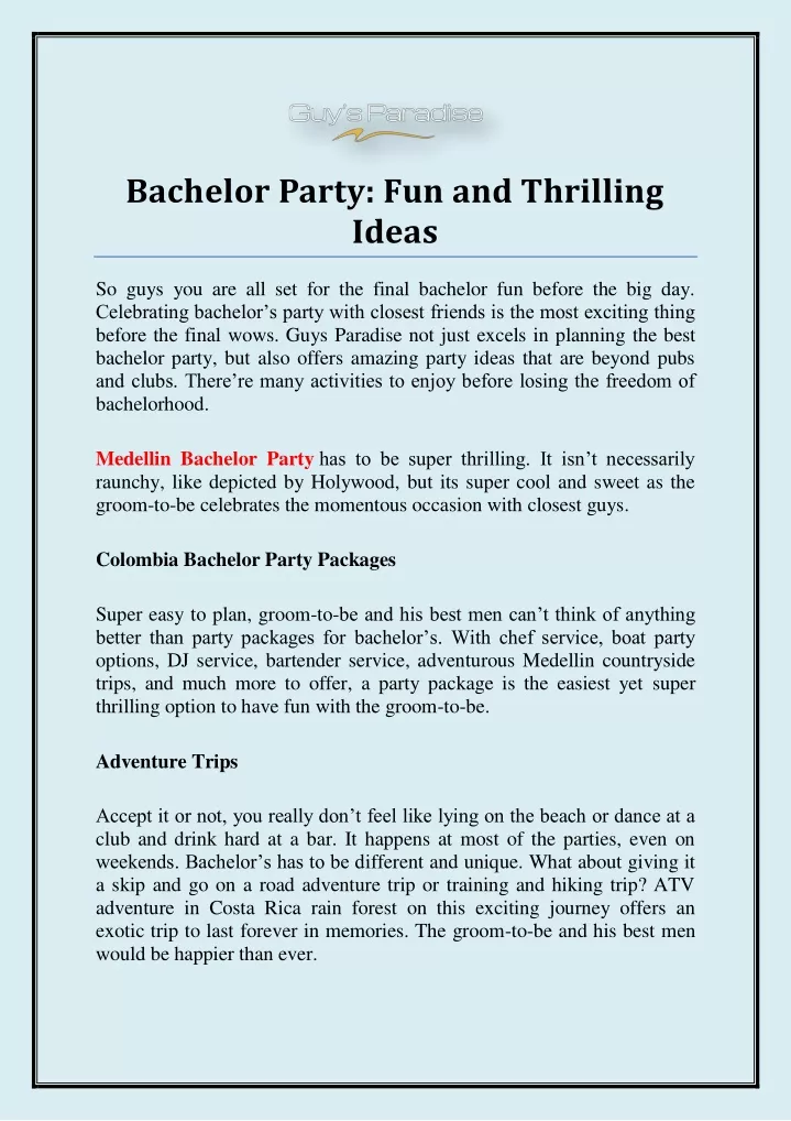bachelor party fun and thrilling ideas