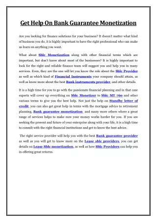 get help on bank guarantee monetization