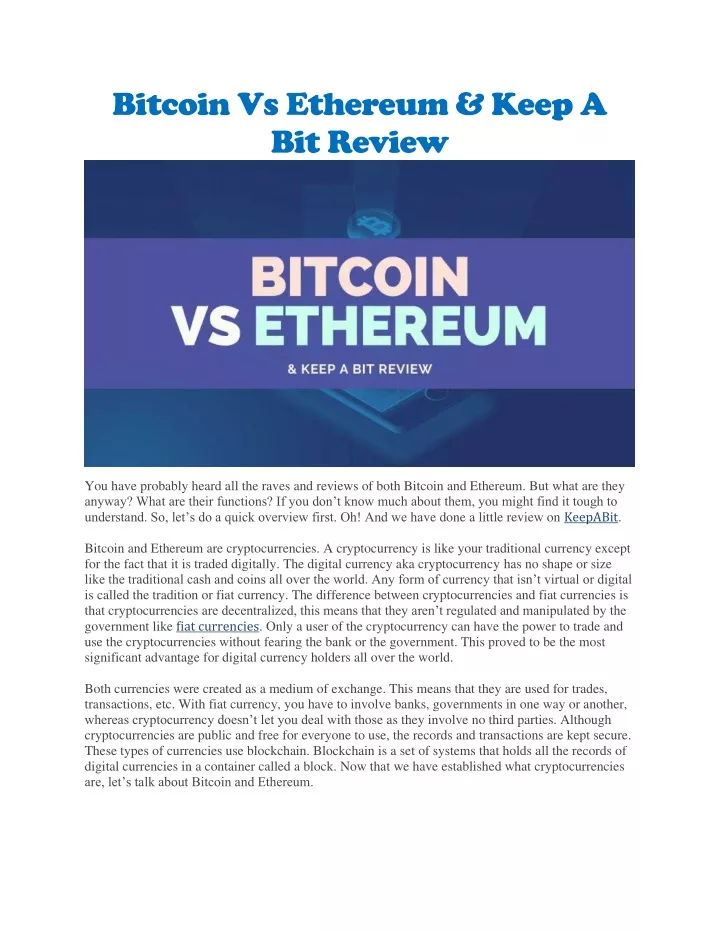 bitcoin vs ethereum keep a bit review