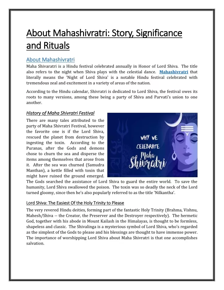 about mahashivratri story significance about
