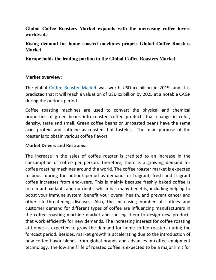 global coffee roasters market expands with