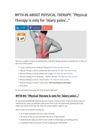 MYTH #6 ABOUT PHYSICAL THERAPY: “Physical Therapy is only for ‘injury pains’…”