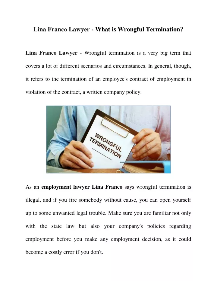 lina franco lawyer what is wrongful termination