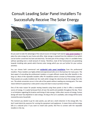 Consult Leading Solar Panel Installers To Successfully Receive The Solar Energy