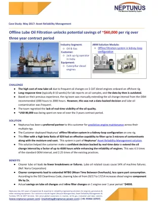 Offline Lube Oil Filtration unlocks potential savings of ~$60,000 per rig over three year contract period