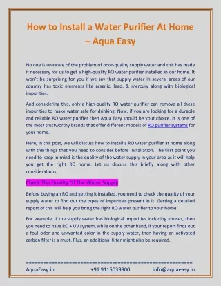 How to install a water Purifier at Home - Aqua Easy