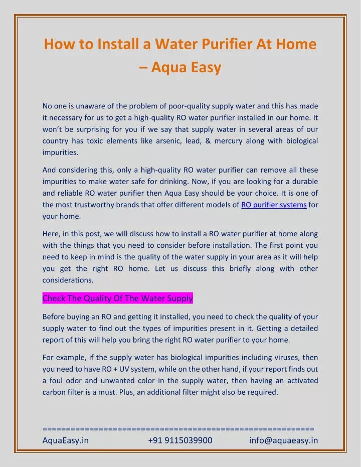 how to install a water purifier at home aqua easy