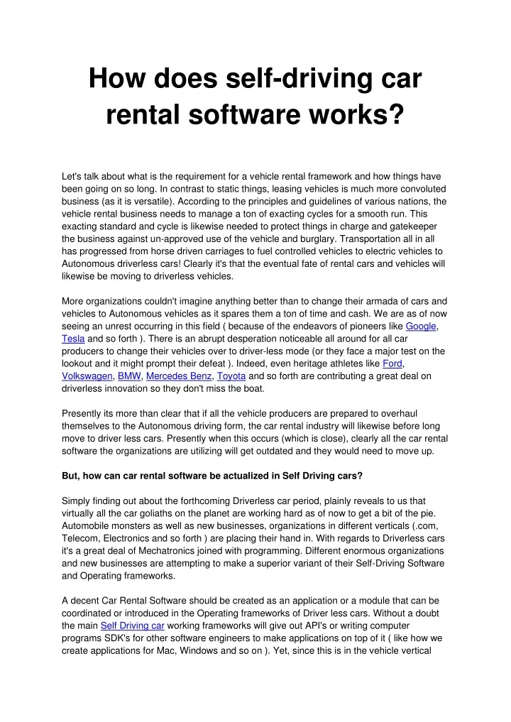 how does self driving car rental software works