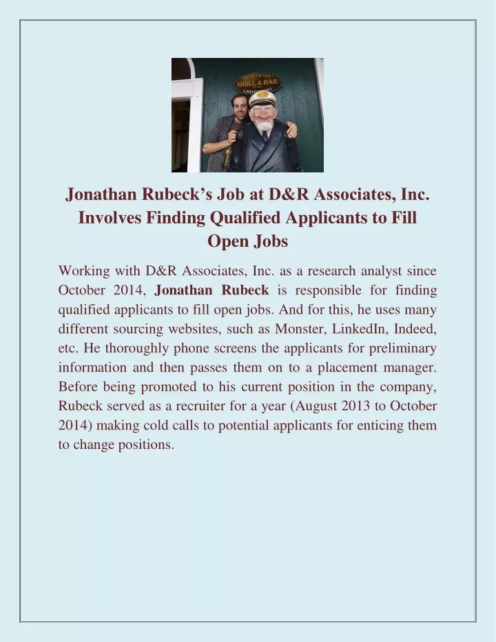 jonathan rubeck s job at d r associates