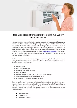 Hire Experienced Professionals to Get All Air Quality Problems Solved