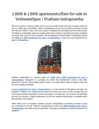 2 BHK & 3 BHK apartments/flats for sale in Yeshwanthpur | Pratham Indraprastha