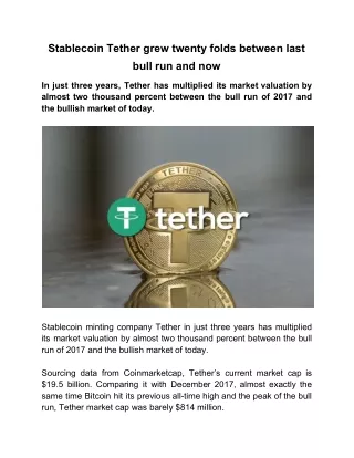 Stablecoin Tether grew twenty folds between last bull run and now