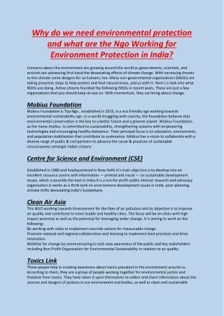 Why do we need environmental protection and what are the Ngo Working for Environment Protection in India?