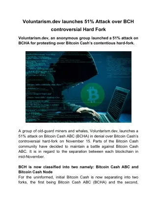 Voluntarism.dev launches 51% Attack over BCH controversial Hard Fork
