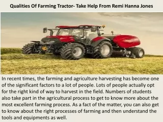 Qualities Of Farming Tractor- Take Help From Remi Hanna Jones