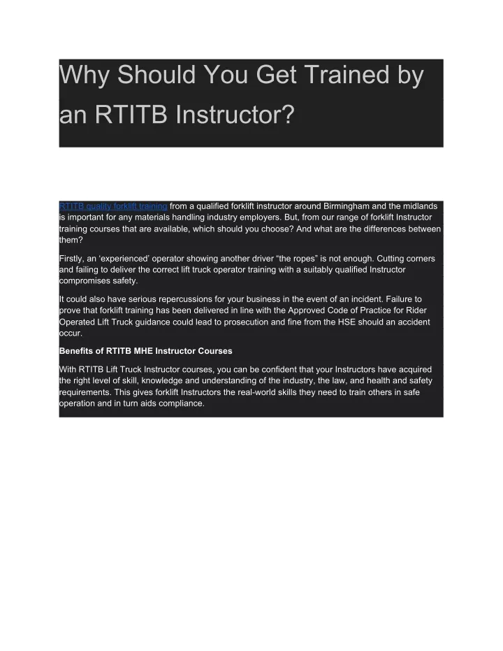 why should you get trained by an rtitb instructor