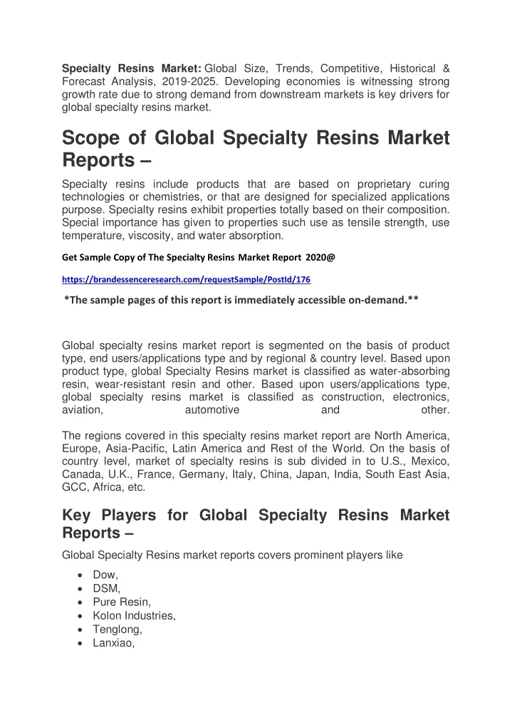 specialty resins market global size trends