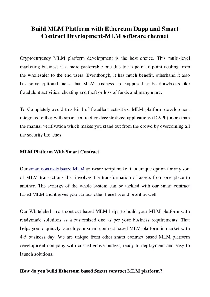 build mlm platform with ethereum dapp and smart