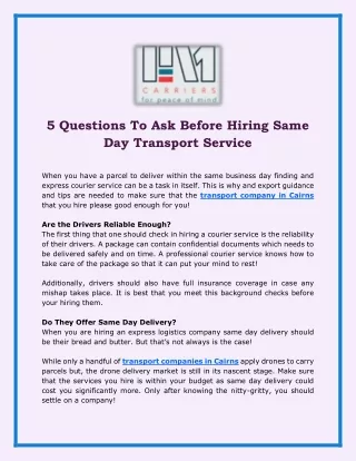 5 Questions To Ask Before Hiring Same Day Transport Service