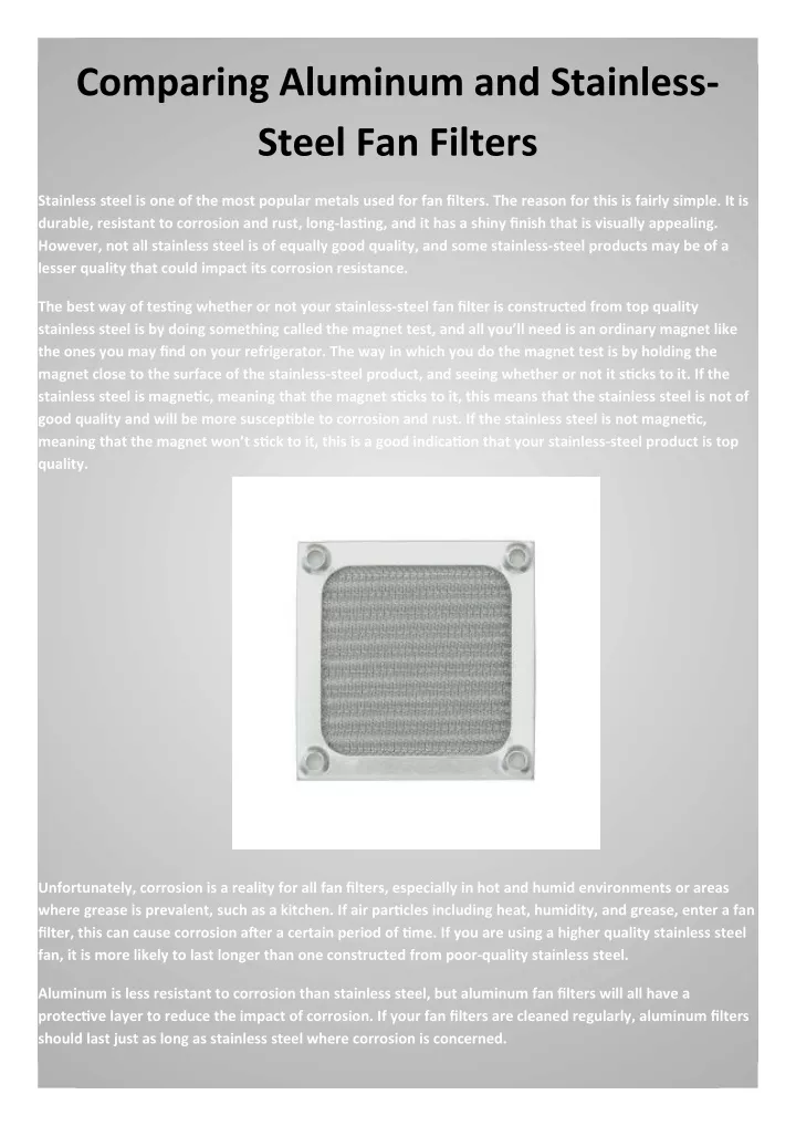 comparing aluminum and stainless steel fan filters