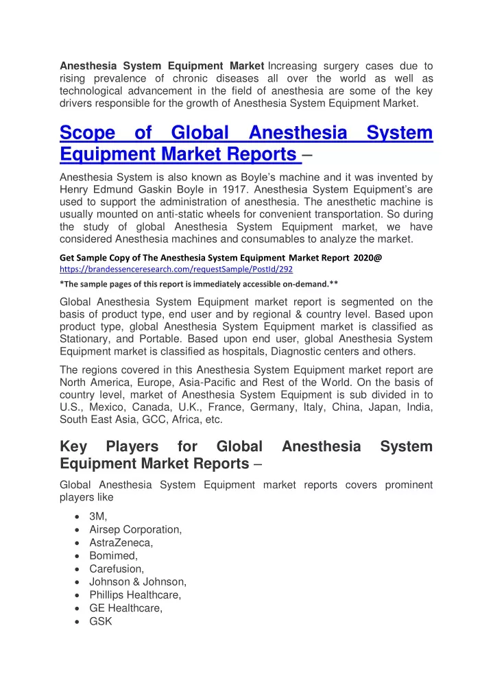 anesthesia system equipment market increasing