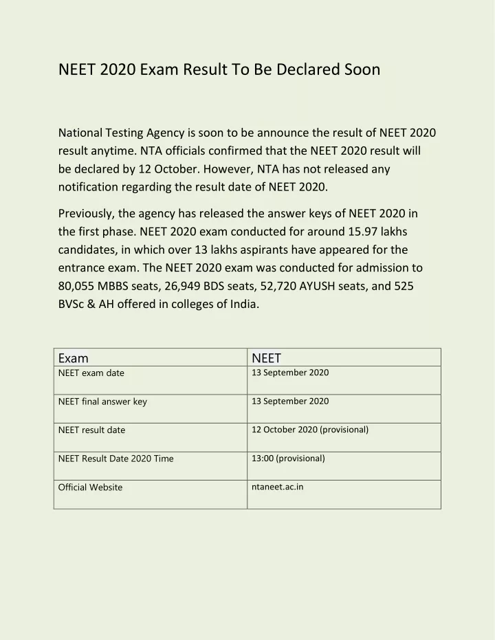 neet 2020 exam result to be declared soon