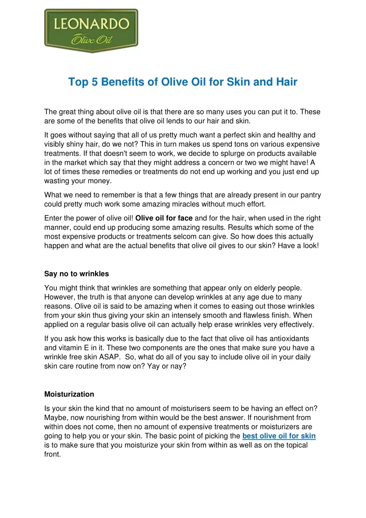 top 5 benefits of olive oil for skin and hair