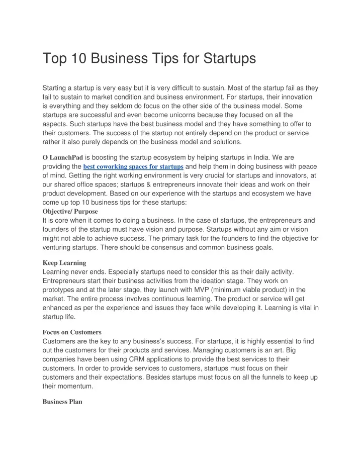 top 10 business tips for startups