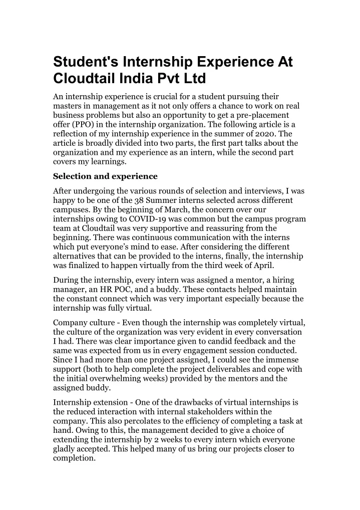 student s internship experience at cloudtail