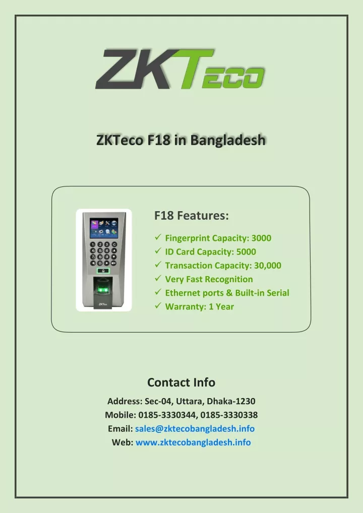 zkteco f18 in bangladesh