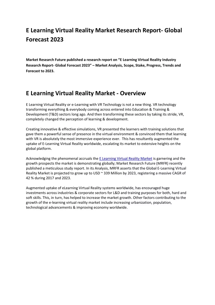 e learning virtual reality market research report