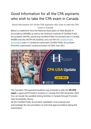 Good Information for all the CPA aspirants who wish to take the CPA exam in Canada.