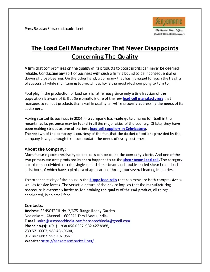 press release sensomaticloadcell net