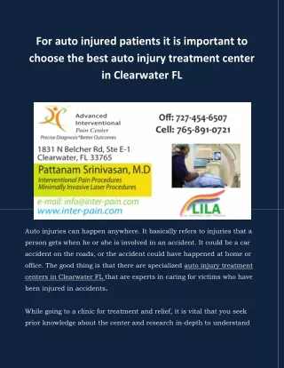 For auto injured patients it is important to choose the best auto injury treatment center in Clearwater FL