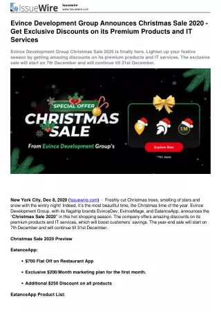 Evince Development Group Announces Christmas Sale 2020 - Get Exclusive Discounts on its Premium Products and IT Services