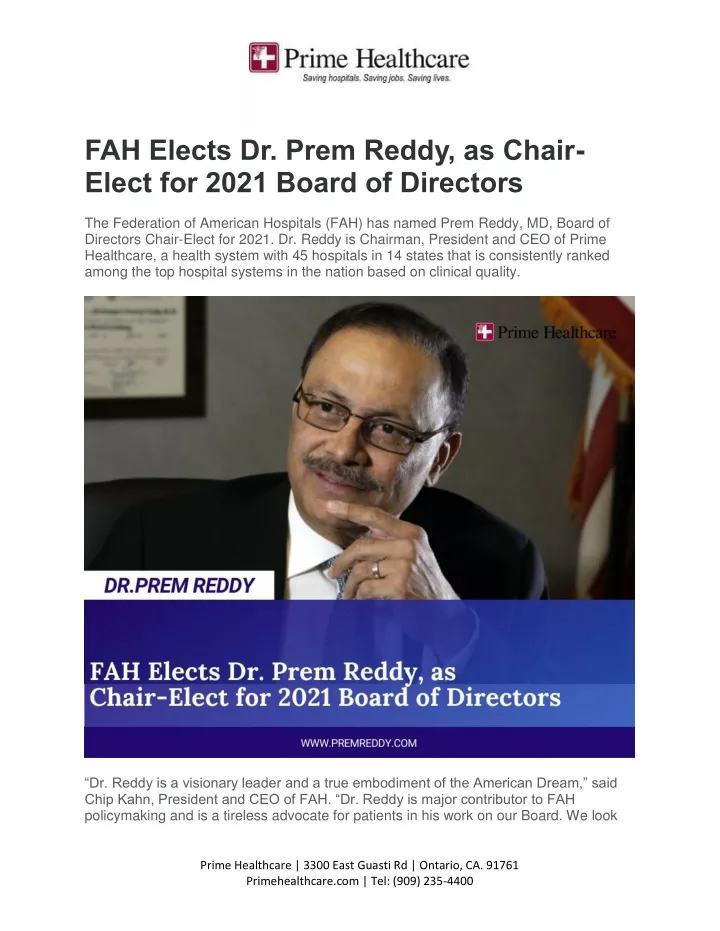 fah elects dr prem reddy as chair elect for 2021
