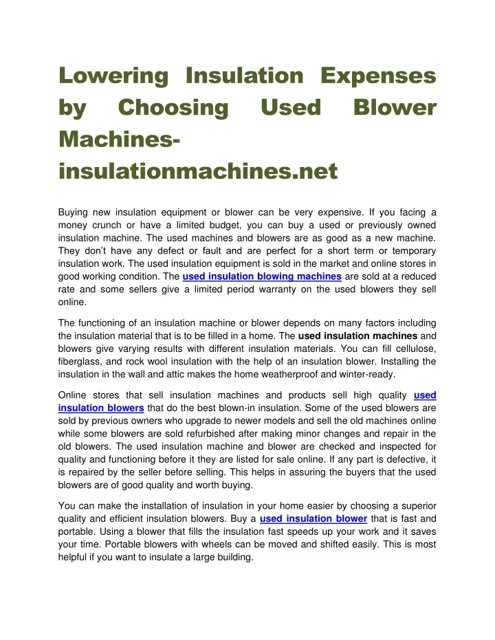 lowering insulation expenses by choosing machines