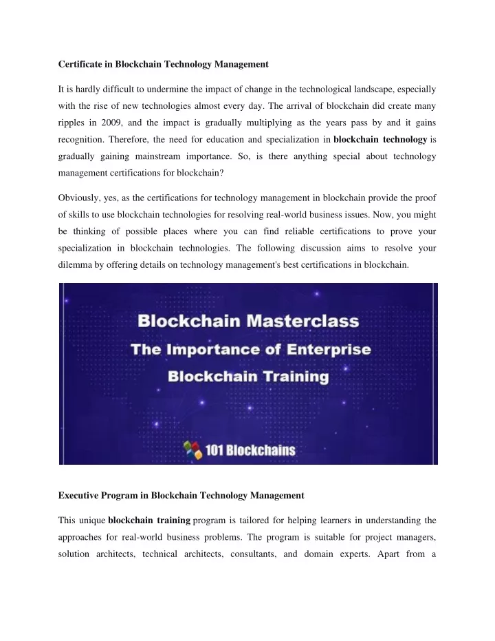 certificate in blockchain technology management