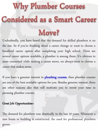 Why Plumber Courses Considered as a Smart Career Move