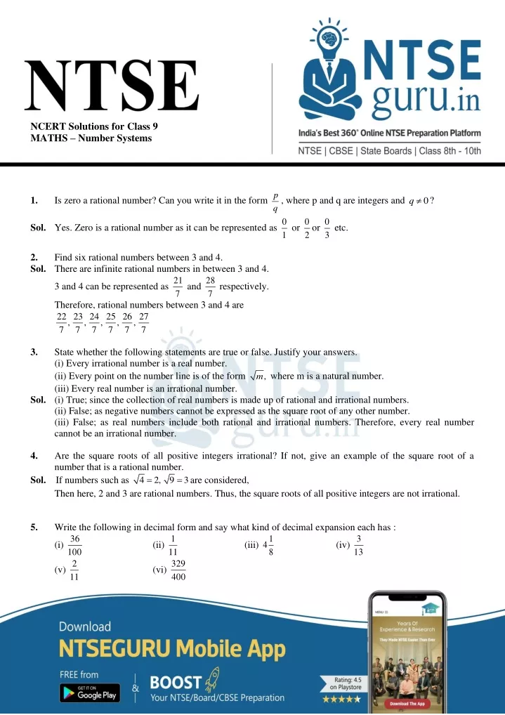 ncert solutions for class 9 maths number systems