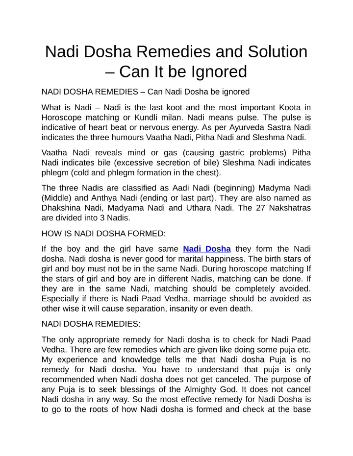 nadi dosha remedies and solution can it be ignored
