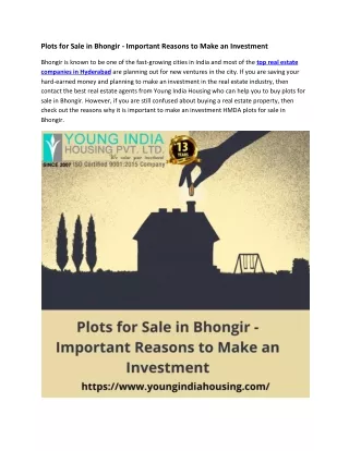 Important Reasons to Invest in Plots for Sale in Bhongir - Young India Housing