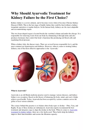 why should ayurvedic treatment for kidney failure