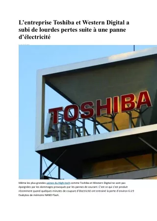 L’entreprise Toshiba et Western Digital a subi de lourdes pertes suite à une panne d’électricité