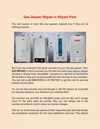 Best Gas Geyser Repair in Shyam Park