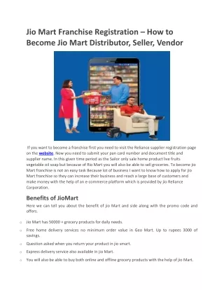 Jio Mart Franchise Registration – How to Become Jio Mart Distributor, Seller, Vendor