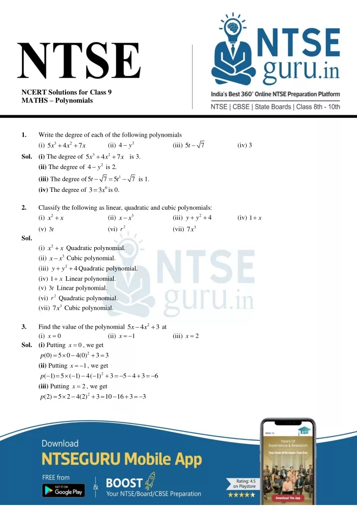 ncert solutions for class 9 maths polynomials