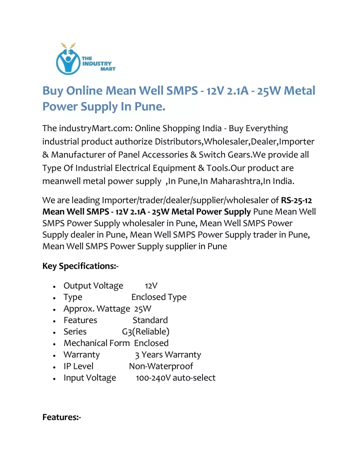 buy online mean well smps 12v 2 1a 25w metal