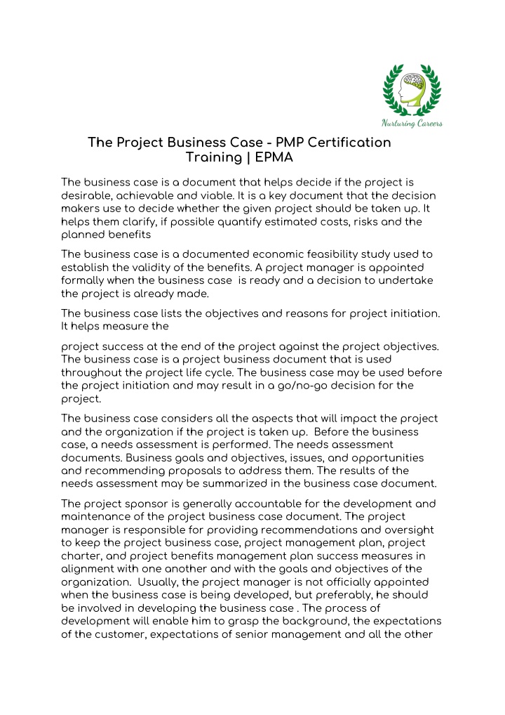 the project business case pmp certification